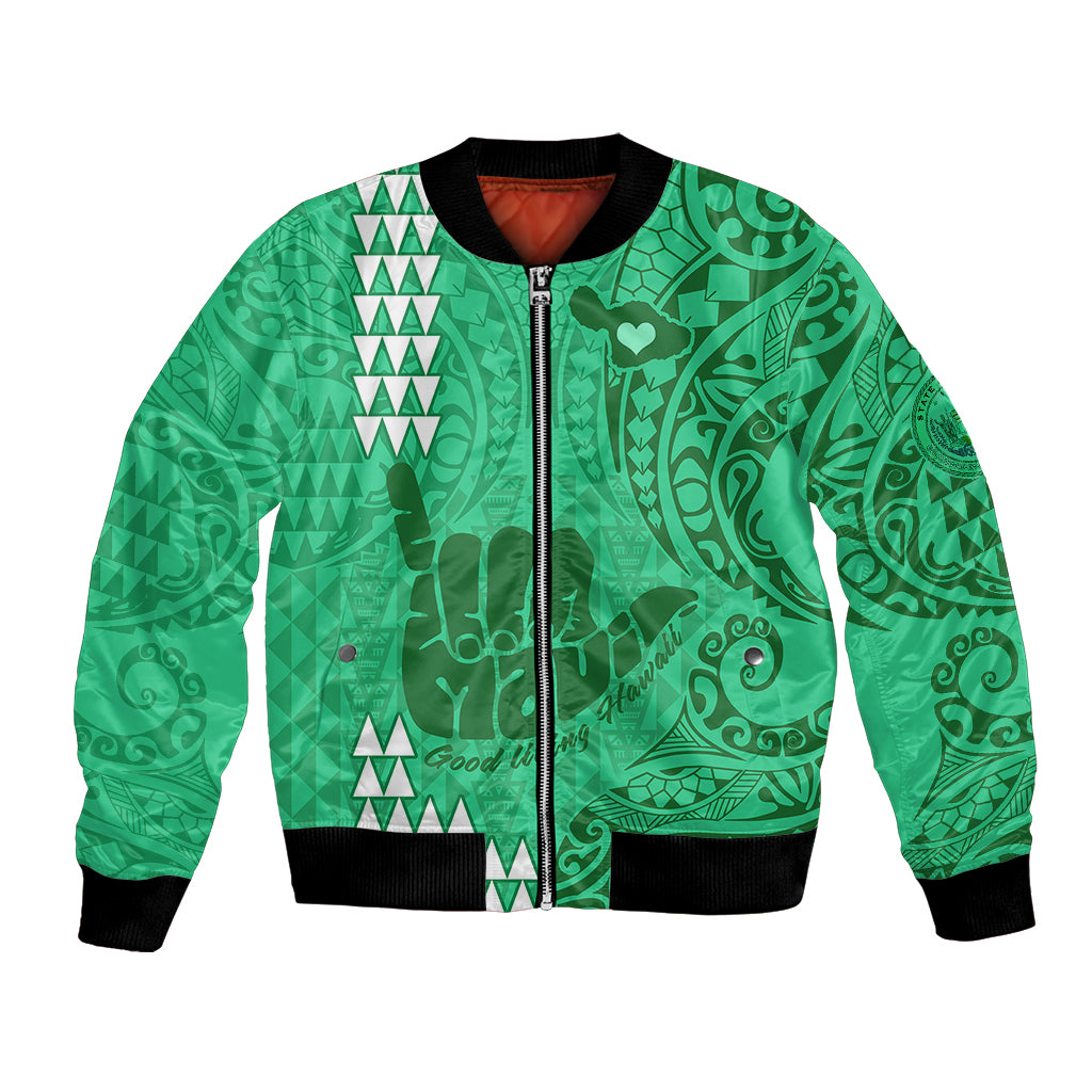 Strong Maui Bomber Jacket Good Living Hawaii with Shaka Sign Kakau Tribal Green LT9 - Wonder Print Shop
