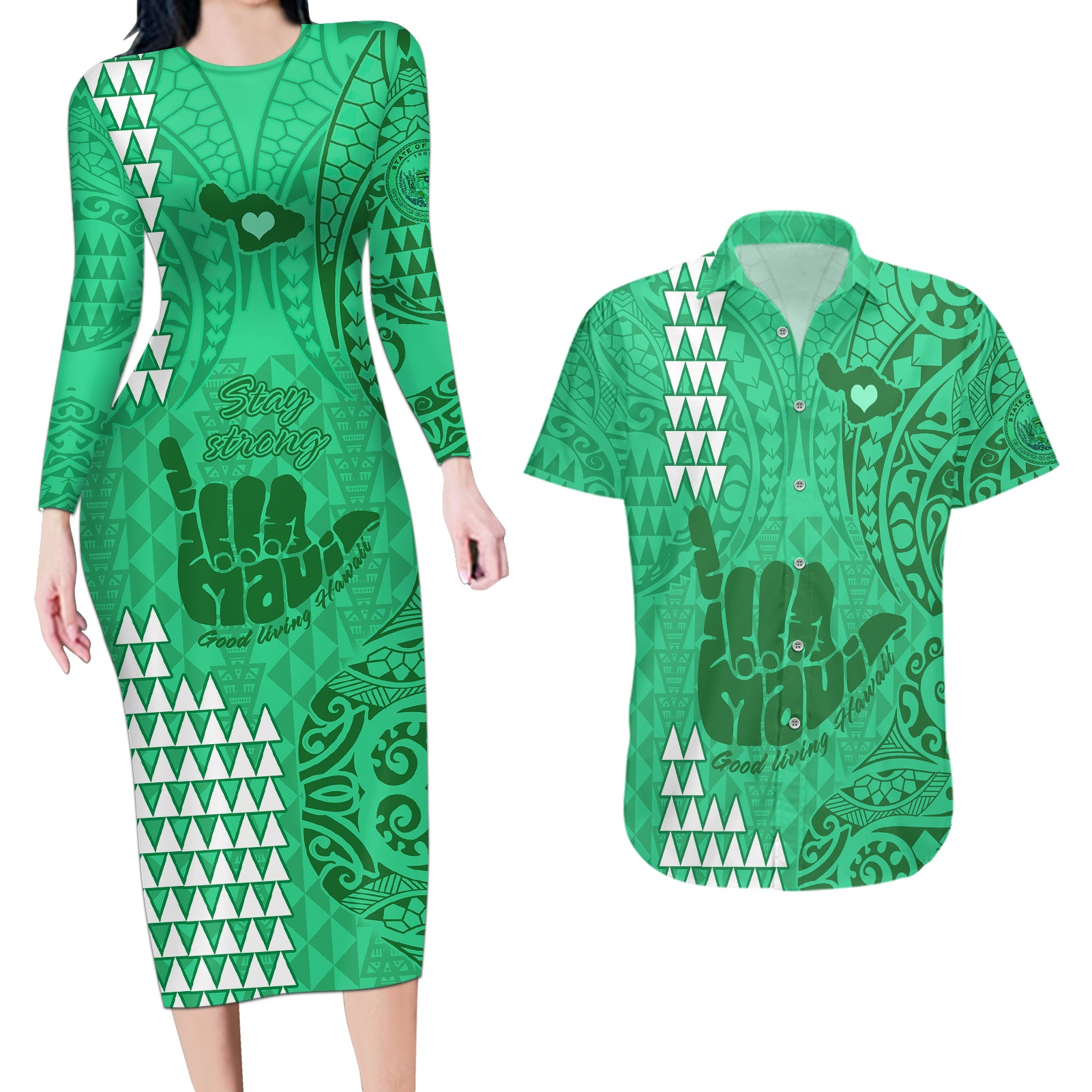 Strong Maui Couples Matching Long Sleeve Bodycon Dress and Hawaiian Shirt Good Living Hawaii with Shaka Sign Kakau Tribal Green LT9 - Wonder Print Shop