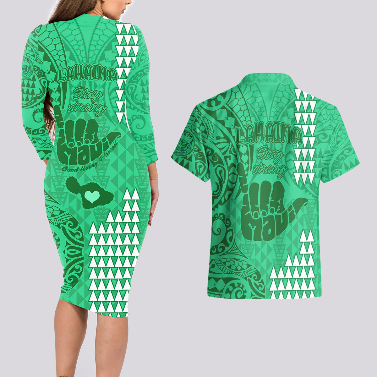 Strong Maui Couples Matching Long Sleeve Bodycon Dress and Hawaiian Shirt Good Living Hawaii with Shaka Sign Kakau Tribal Green LT9 - Wonder Print Shop