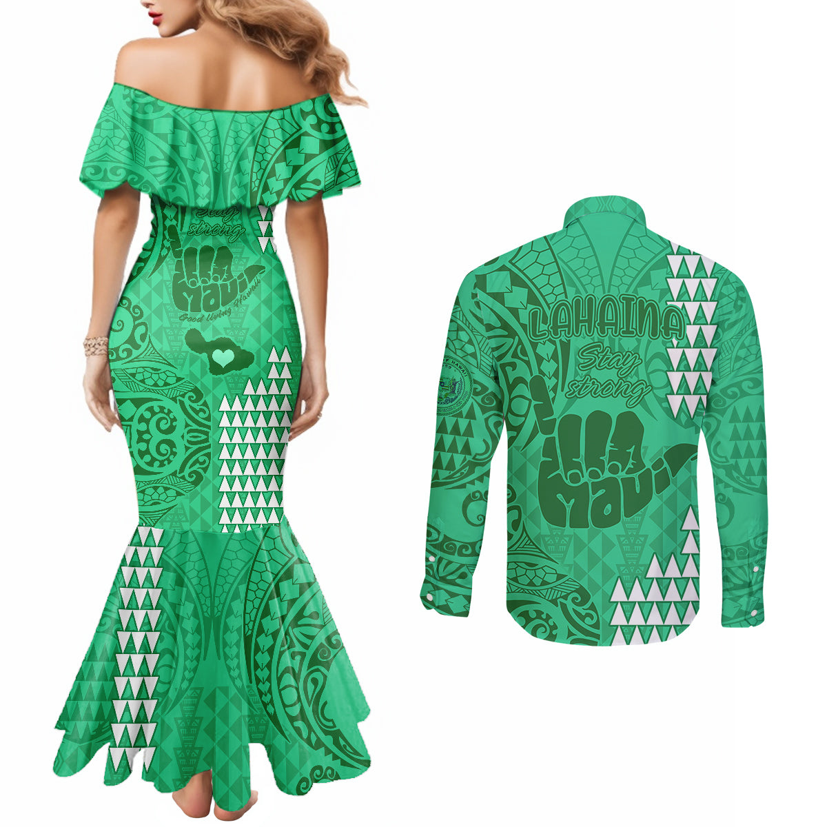 strong-maui-couples-matching-mermaid-dress-and-long-sleeve-button-shirts-good-living-hawaii-with-shaka-sign-kakau-tribal-green