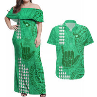 Strong Maui Couples Matching Off Shoulder Maxi Dress and Hawaiian Shirt Good Living Hawaii with Shaka Sign Kakau Tribal Green LT9 - Wonder Print Shop