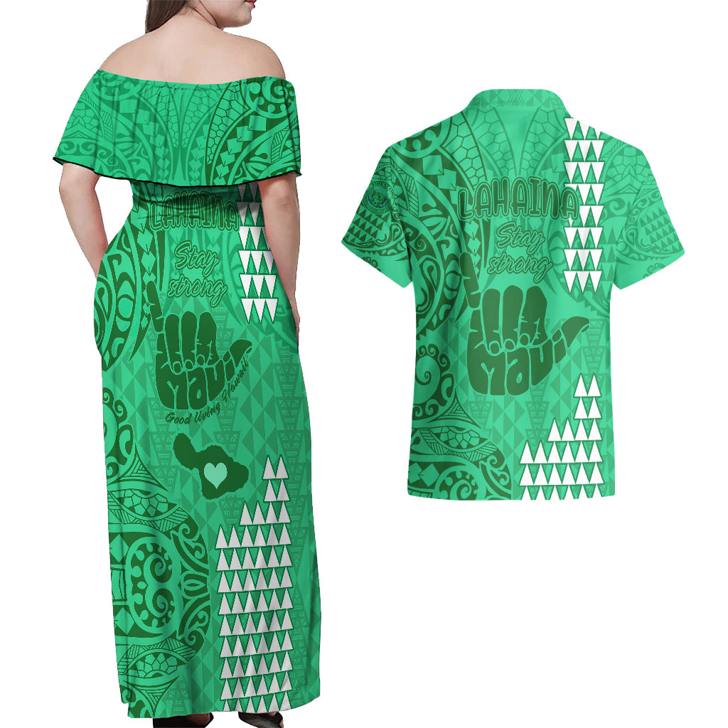 Strong Maui Couples Matching Off Shoulder Maxi Dress and Hawaiian Shirt Good Living Hawaii with Shaka Sign Kakau Tribal Green LT9 - Wonder Print Shop