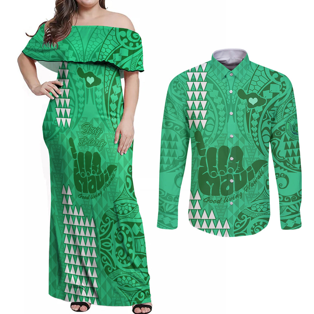 Strong Maui Couples Matching Off Shoulder Maxi Dress and Long Sleeve Button Shirts Good Living Hawaii with Shaka Sign Kakau Tribal Green LT9 - Wonder Print Shop