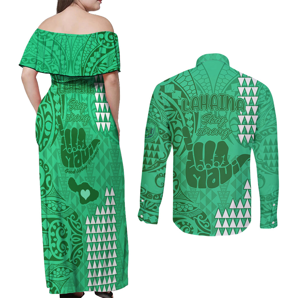 Strong Maui Couples Matching Off Shoulder Maxi Dress and Long Sleeve Button Shirts Good Living Hawaii with Shaka Sign Kakau Tribal Green LT9 - Wonder Print Shop