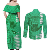 Strong Maui Couples Matching Off Shoulder Maxi Dress and Long Sleeve Button Shirts Good Living Hawaii with Shaka Sign Kakau Tribal Green LT9 - Wonder Print Shop