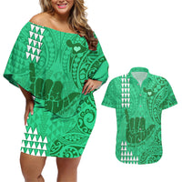 Strong Maui Couples Matching Off Shoulder Short Dress and Hawaiian Shirt Good Living Hawaii with Shaka Sign Kakau Tribal Green LT9 - Wonder Print Shop