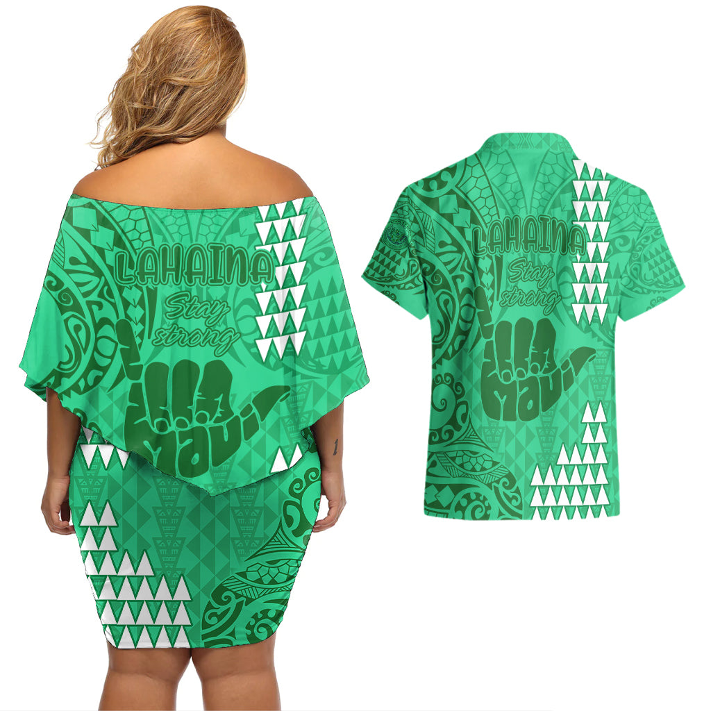 Strong Maui Couples Matching Off Shoulder Short Dress and Hawaiian Shirt Good Living Hawaii with Shaka Sign Kakau Tribal Green LT9 - Wonder Print Shop