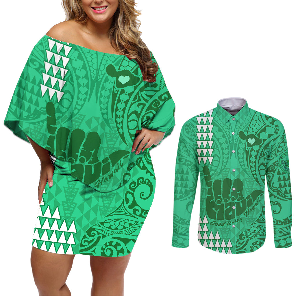 Strong Maui Couples Matching Off Shoulder Short Dress and Long Sleeve Button Shirts Good Living Hawaii with Shaka Sign Kakau Tribal Green LT9 - Wonder Print Shop