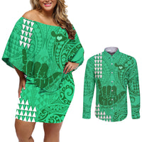 Strong Maui Couples Matching Off Shoulder Short Dress and Long Sleeve Button Shirts Good Living Hawaii with Shaka Sign Kakau Tribal Green LT9 - Wonder Print Shop