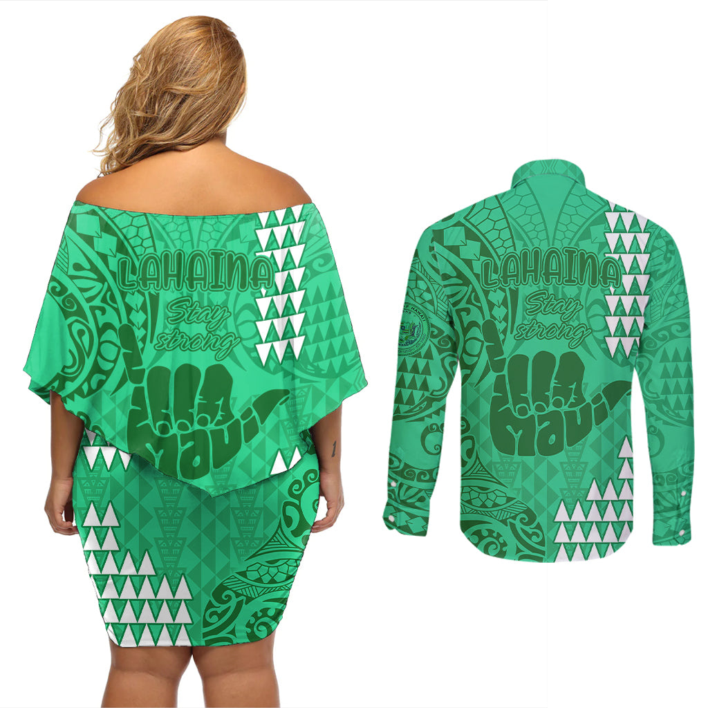 Strong Maui Couples Matching Off Shoulder Short Dress and Long Sleeve Button Shirts Good Living Hawaii with Shaka Sign Kakau Tribal Green LT9 - Wonder Print Shop