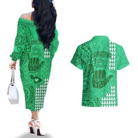 Strong Maui Couples Matching Off The Shoulder Long Sleeve Dress and Hawaiian Shirt Good Living Hawaii with Shaka Sign Kakau Tribal Green LT9 - Wonder Print Shop