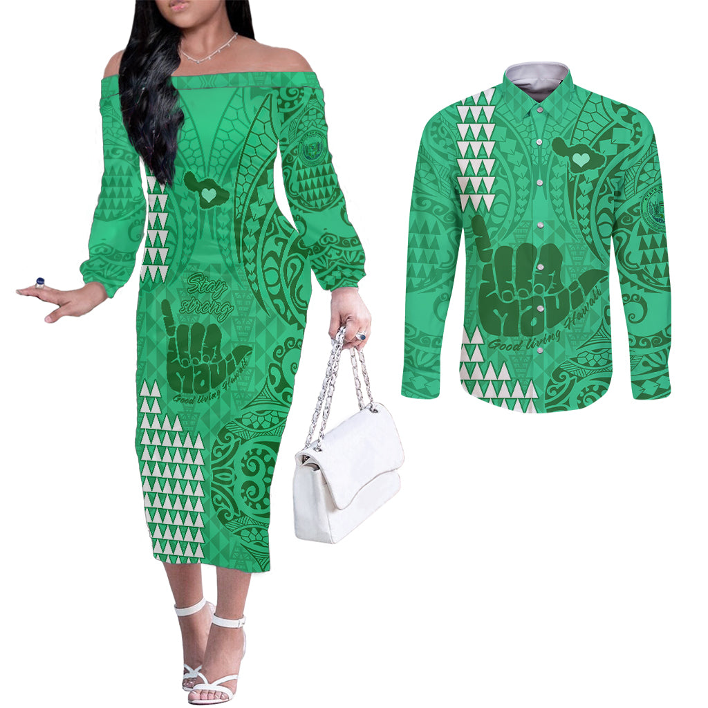 strong-maui-couples-matching-off-the-shoulder-long-sleeve-dress-and-long-sleeve-button-shirts-good-living-hawaii-with-shaka-sign-kakau-tribal-green