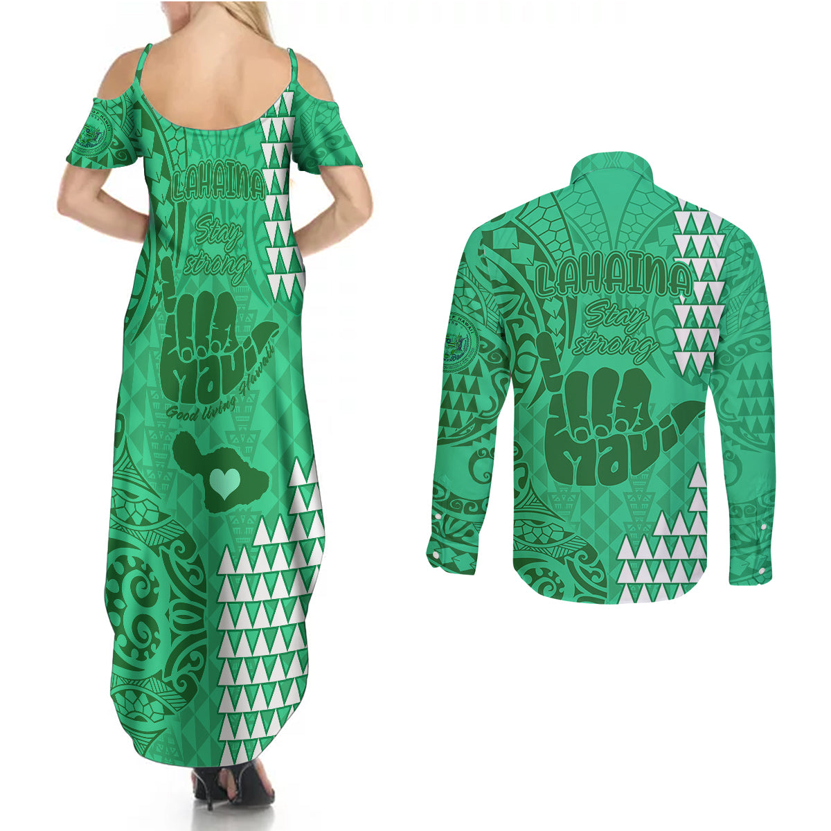Strong Maui Couples Matching Summer Maxi Dress and Long Sleeve Button Shirts Good Living Hawaii with Shaka Sign Kakau Tribal Green LT9 - Wonder Print Shop