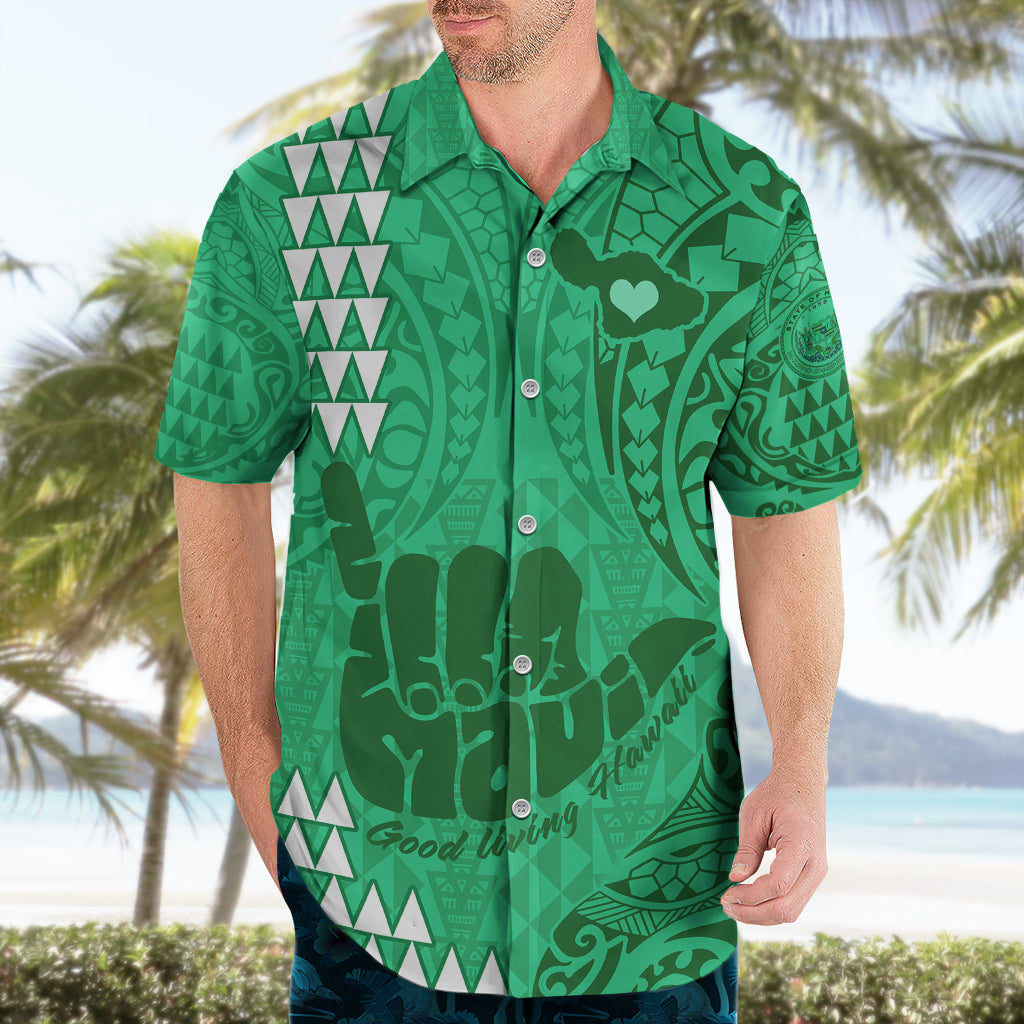 Strong Maui Hawaiian Shirt Good Living Hawaii with Shaka Sign Kakau Tribal Green - Wonder Print Shop