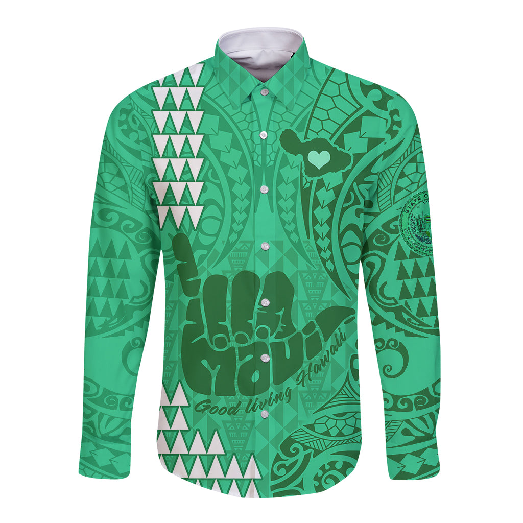 Strong Maui Long Sleeve Button Shirt Good Living Hawaii with Shaka Sign Kakau Tribal Green - Wonder Print Shop
