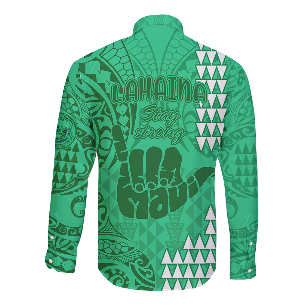 Strong Maui Long Sleeve Button Shirt Good Living Hawaii with Shaka Sign Kakau Tribal Green - Wonder Print Shop