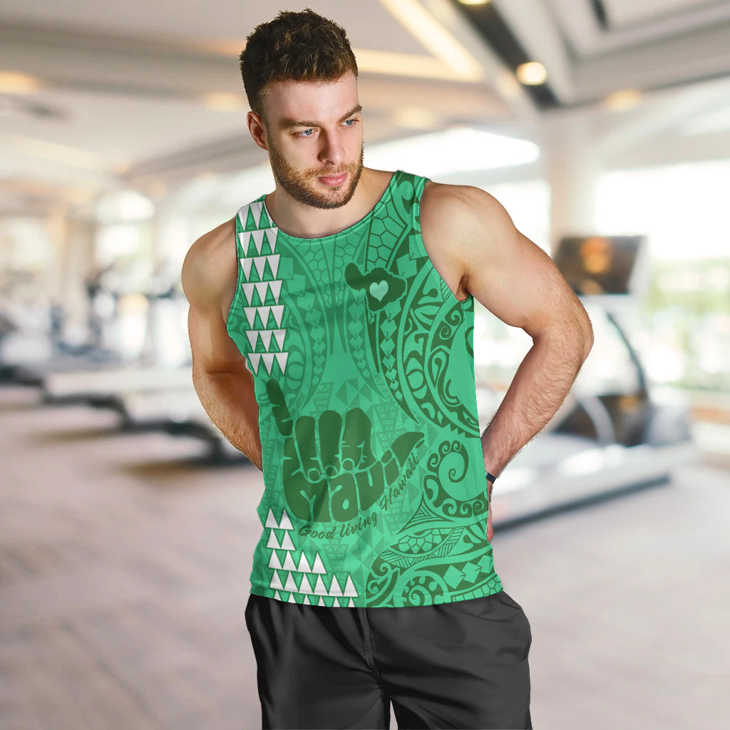 strong-maui-men-tank-top-good-living-hawaii-with-shaka-sign-kakau-tribal-green