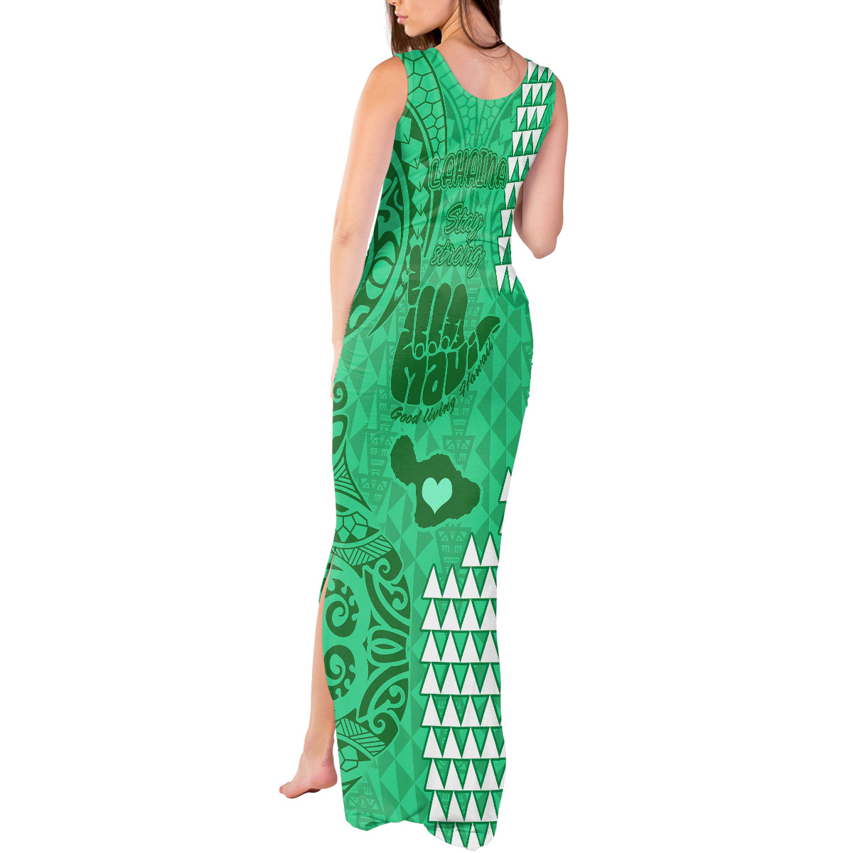 Strong Maui Tank Maxi Dress Good Living Hawaii with Shaka Sign Kakau Tribal Green - Wonder Print Shop