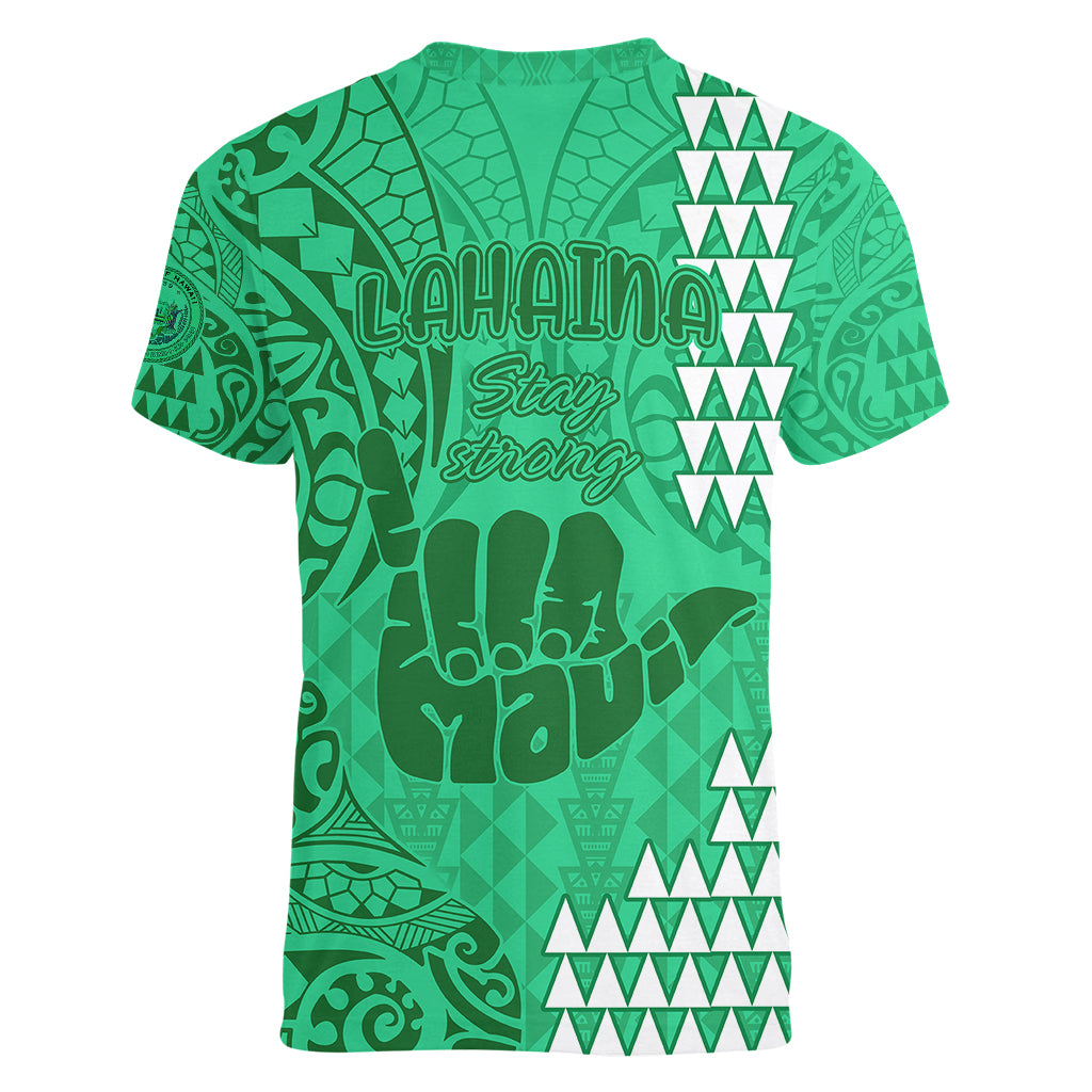 Strong Maui Women V Neck T Shirt Good Living Hawaii with Shaka Sign Kakau Tribal Green - Wonder Print Shop