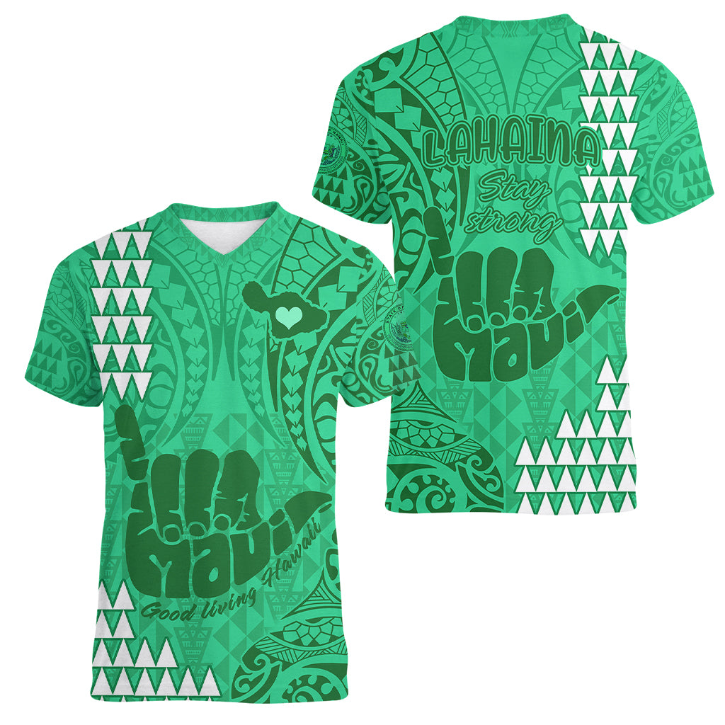 Strong Maui Women V Neck T Shirt Good Living Hawaii with Shaka Sign Kakau Tribal Green - Wonder Print Shop
