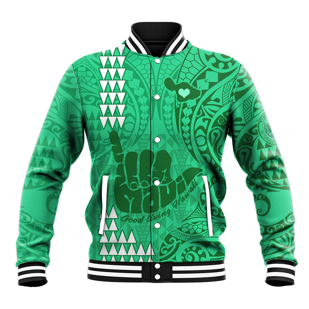 Personalised Strong Maui Baseball Jacket Good Living Hawaii with Shaka Sign Kakau Tribal Green LT9 - Wonder Print Shop