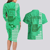 Personalised Strong Maui Couples Matching Long Sleeve Bodycon Dress and Hawaiian Shirt Good Living Hawaii with Shaka Sign Kakau Tribal Green LT9 - Wonder Print Shop