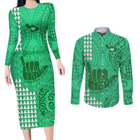 Personalised Strong Maui Couples Matching Long Sleeve Bodycon Dress and Long Sleeve Button Shirts Good Living Hawaii with Shaka Sign Kakau Tribal Green LT9 - Wonder Print Shop