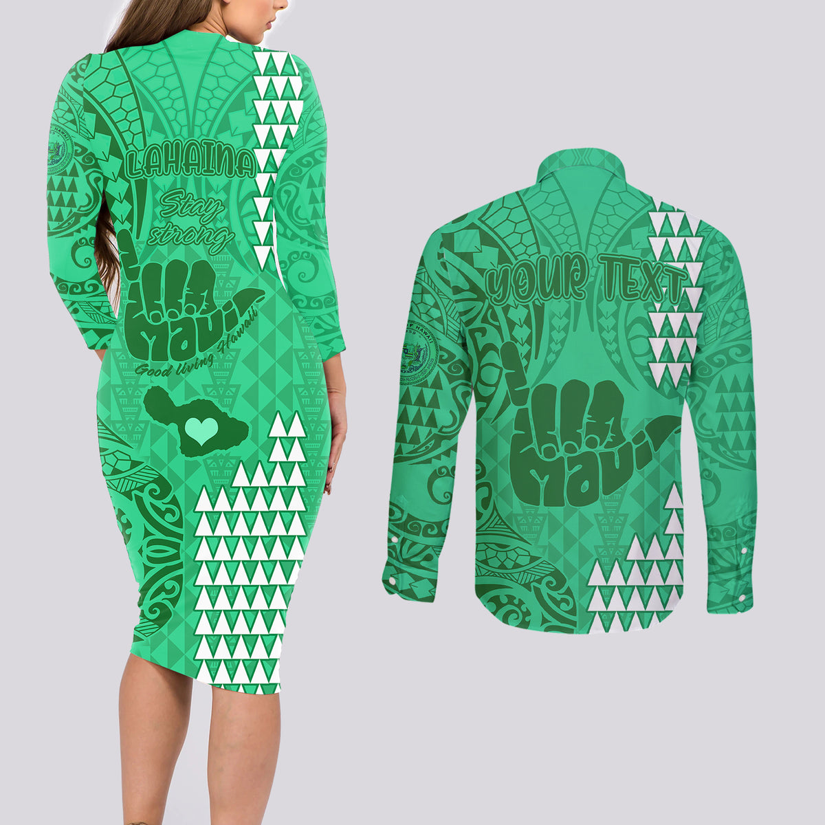 Personalised Strong Maui Couples Matching Long Sleeve Bodycon Dress and Long Sleeve Button Shirts Good Living Hawaii with Shaka Sign Kakau Tribal Green LT9 - Wonder Print Shop