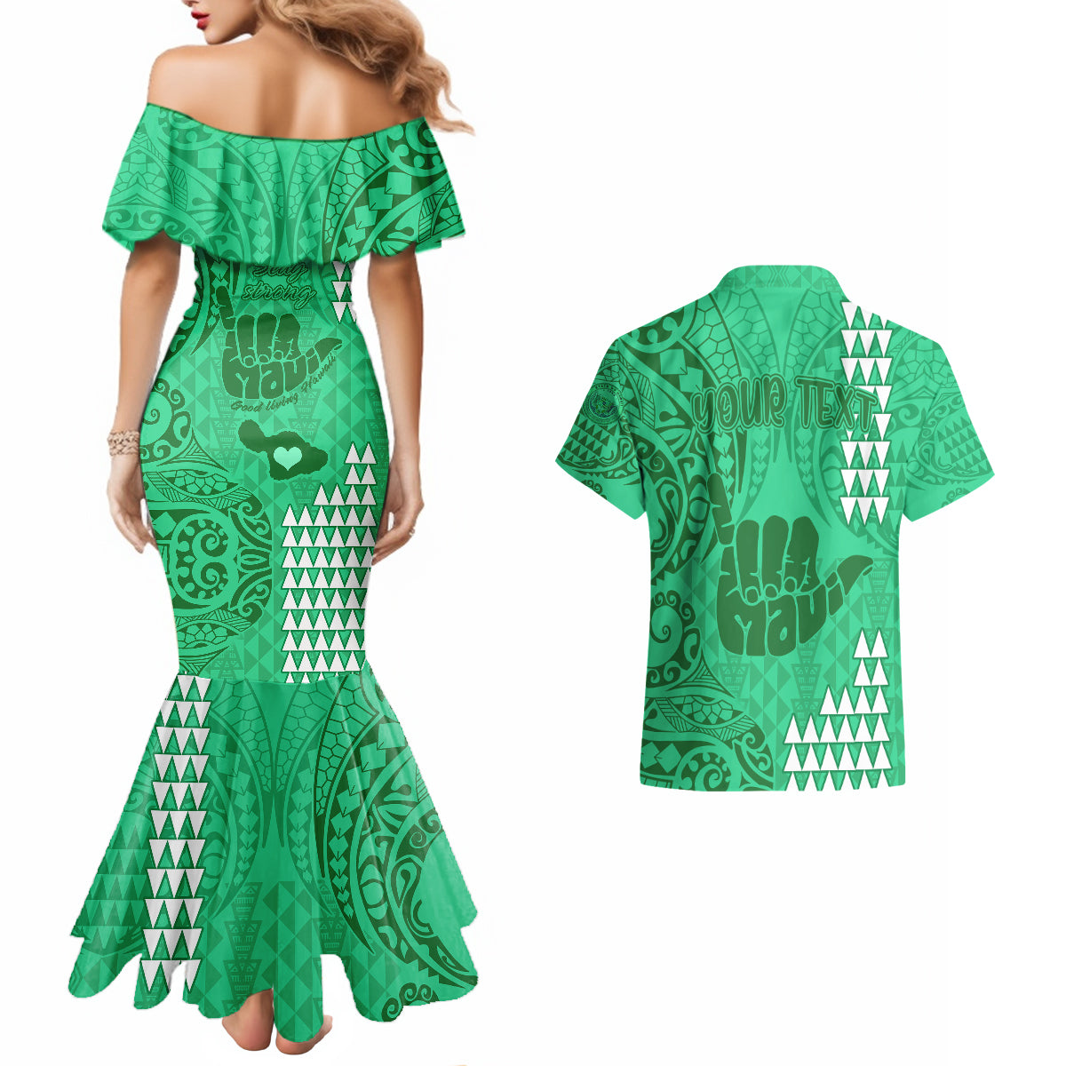 Personalised Strong Maui Couples Matching Mermaid Dress and Hawaiian Shirt Good Living Hawaii with Shaka Sign Kakau Tribal Green LT9 - Wonder Print Shop