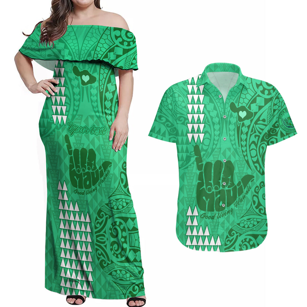 Personalised Strong Maui Couples Matching Off Shoulder Maxi Dress and Hawaiian Shirt Good Living Hawaii with Shaka Sign Kakau Tribal Green LT9 - Wonder Print Shop