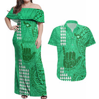 Personalised Strong Maui Couples Matching Off Shoulder Maxi Dress and Hawaiian Shirt Good Living Hawaii with Shaka Sign Kakau Tribal Green LT9 - Wonder Print Shop