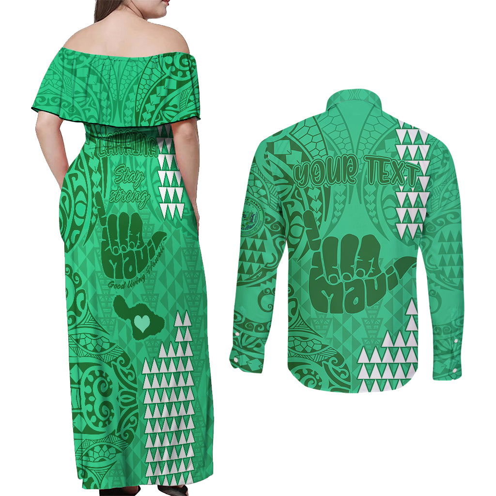 Personalised Strong Maui Couples Matching Off Shoulder Maxi Dress and Long Sleeve Button Shirts Good Living Hawaii with Shaka Sign Kakau Tribal Green LT9 - Wonder Print Shop