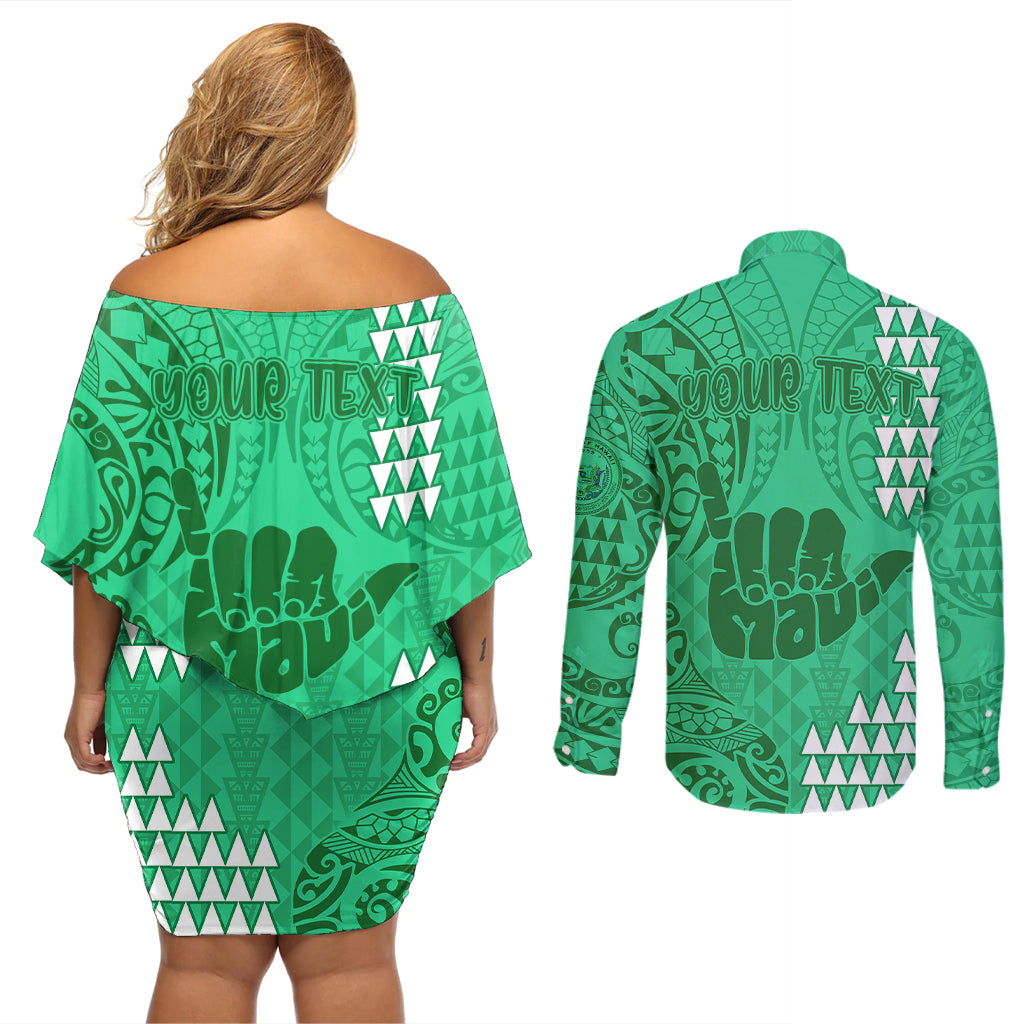 Personalised Strong Maui Couples Matching Off Shoulder Short Dress and Long Sleeve Button Shirts Good Living Hawaii with Shaka Sign Kakau Tribal Green LT9 - Wonder Print Shop