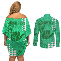 Personalised Strong Maui Couples Matching Off Shoulder Short Dress and Long Sleeve Button Shirts Good Living Hawaii with Shaka Sign Kakau Tribal Green LT9 - Wonder Print Shop