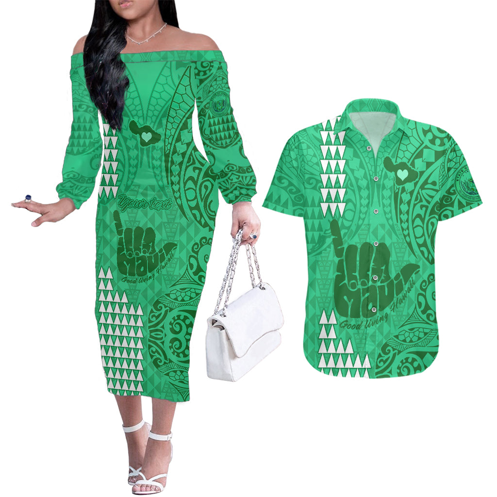 Personalised Strong Maui Couples Matching Off The Shoulder Long Sleeve Dress and Hawaiian Shirt Good Living Hawaii with Shaka Sign Kakau Tribal Green LT9 - Wonder Print Shop