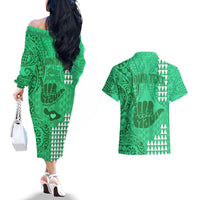 Personalised Strong Maui Couples Matching Off The Shoulder Long Sleeve Dress and Hawaiian Shirt Good Living Hawaii with Shaka Sign Kakau Tribal Green LT9 - Wonder Print Shop