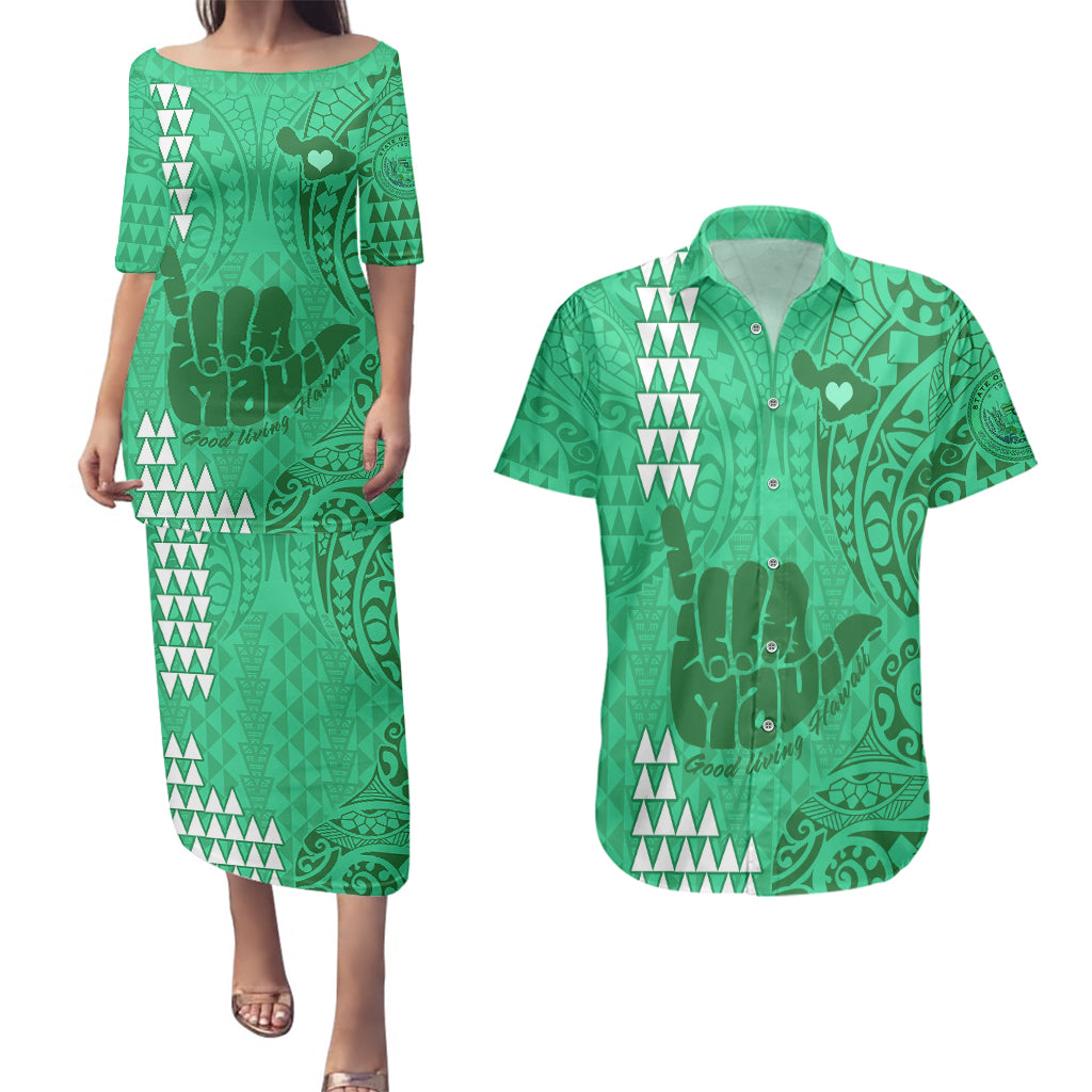 Personalised Strong Maui Couples Matching Puletasi Dress and Hawaiian Shirt Good Living Hawaii with Shaka Sign Kakau Tribal Green LT9 - Wonder Print Shop