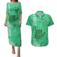 Personalised Strong Maui Couples Matching Puletasi Dress and Hawaiian Shirt Good Living Hawaii with Shaka Sign Kakau Tribal Green LT9 - Wonder Print Shop