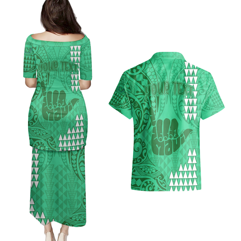 Personalised Strong Maui Couples Matching Puletasi Dress and Hawaiian Shirt Good Living Hawaii with Shaka Sign Kakau Tribal Green LT9 - Wonder Print Shop