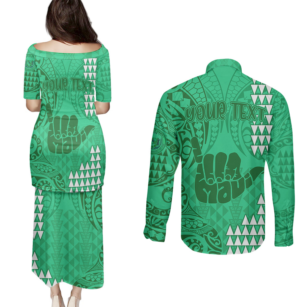 Personalised Strong Maui Couples Matching Puletasi Dress and Long Sleeve Button Shirts Good Living Hawaii with Shaka Sign Kakau Tribal Green LT9 - Wonder Print Shop