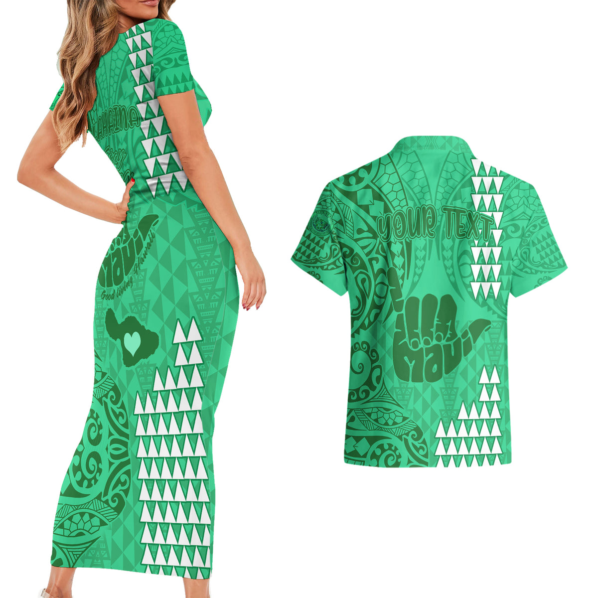 Personalised Strong Maui Couples Matching Short Sleeve Bodycon Dress and Hawaiian Shirt Good Living Hawaii with Shaka Sign Kakau Tribal Green LT9 - Wonder Print Shop
