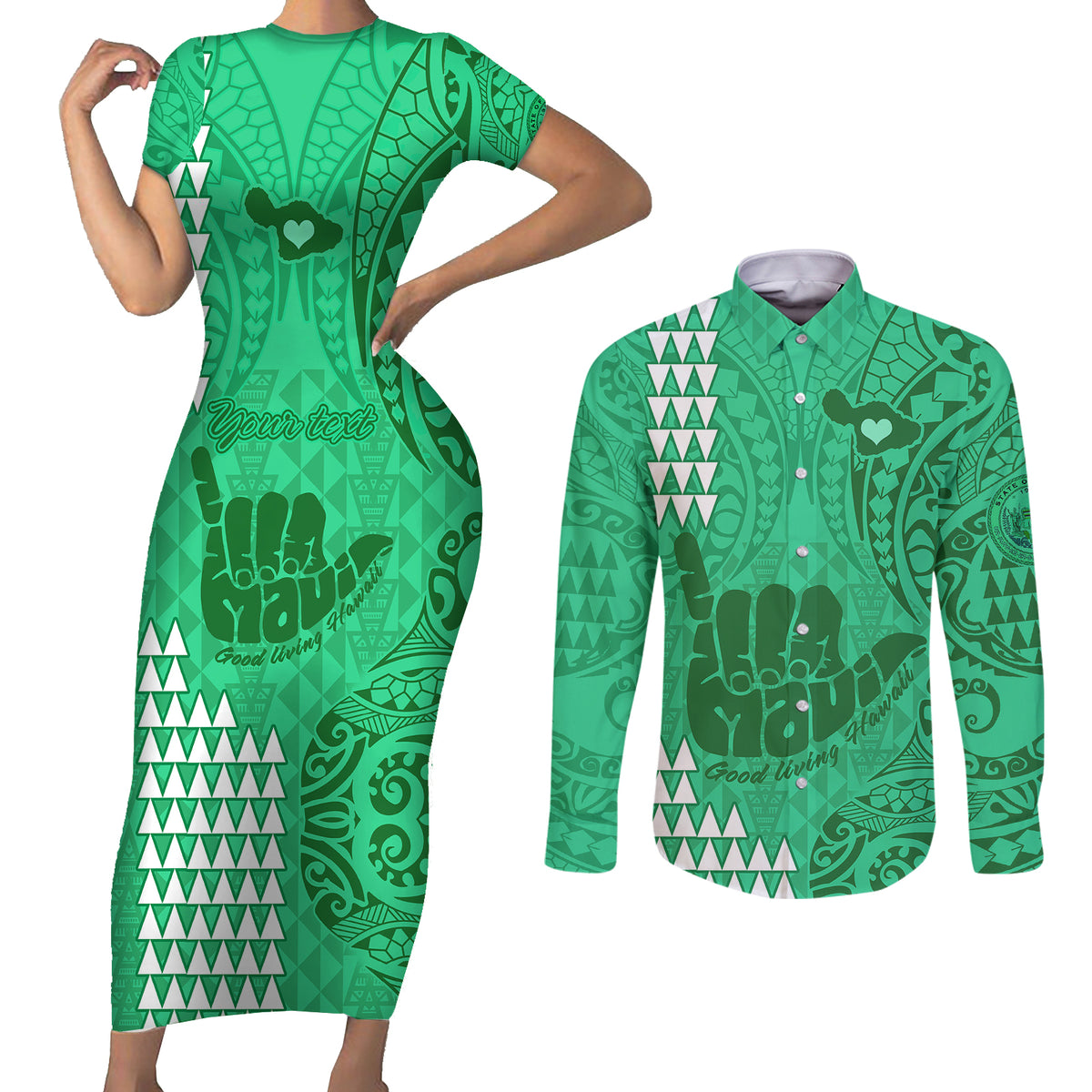 Personalised Strong Maui Couples Matching Short Sleeve Bodycon Dress and Long Sleeve Button Shirts Good Living Hawaii with Shaka Sign Kakau Tribal Green LT9 - Wonder Print Shop