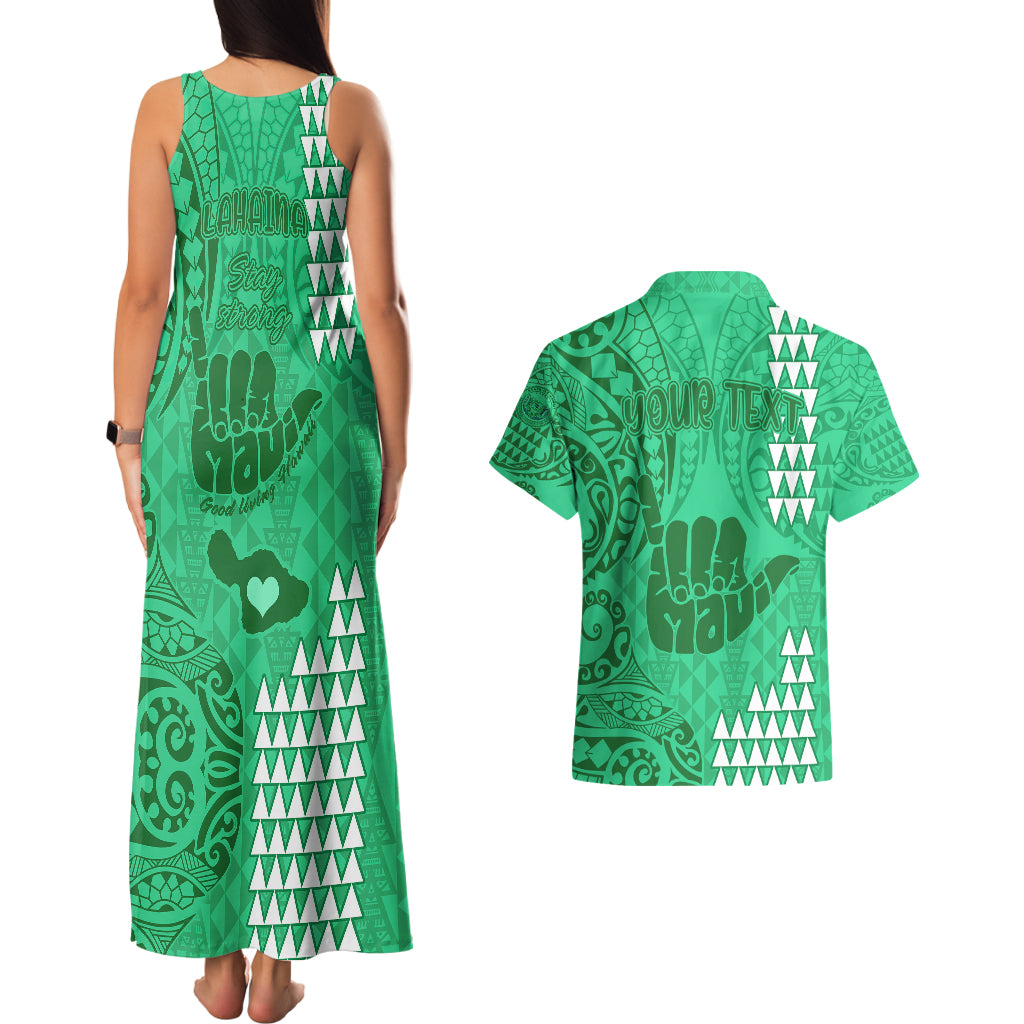 Personalised Strong Maui Couples Matching Tank Maxi Dress and Hawaiian Shirt Good Living Hawaii with Shaka Sign Kakau Tribal Green LT9 - Wonder Print Shop