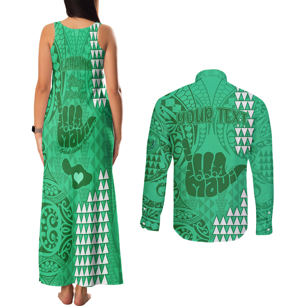 Personalised Strong Maui Couples Matching Tank Maxi Dress and Long Sleeve Button Shirts Good Living Hawaii with Shaka Sign Kakau Tribal Green LT9 - Wonder Print Shop