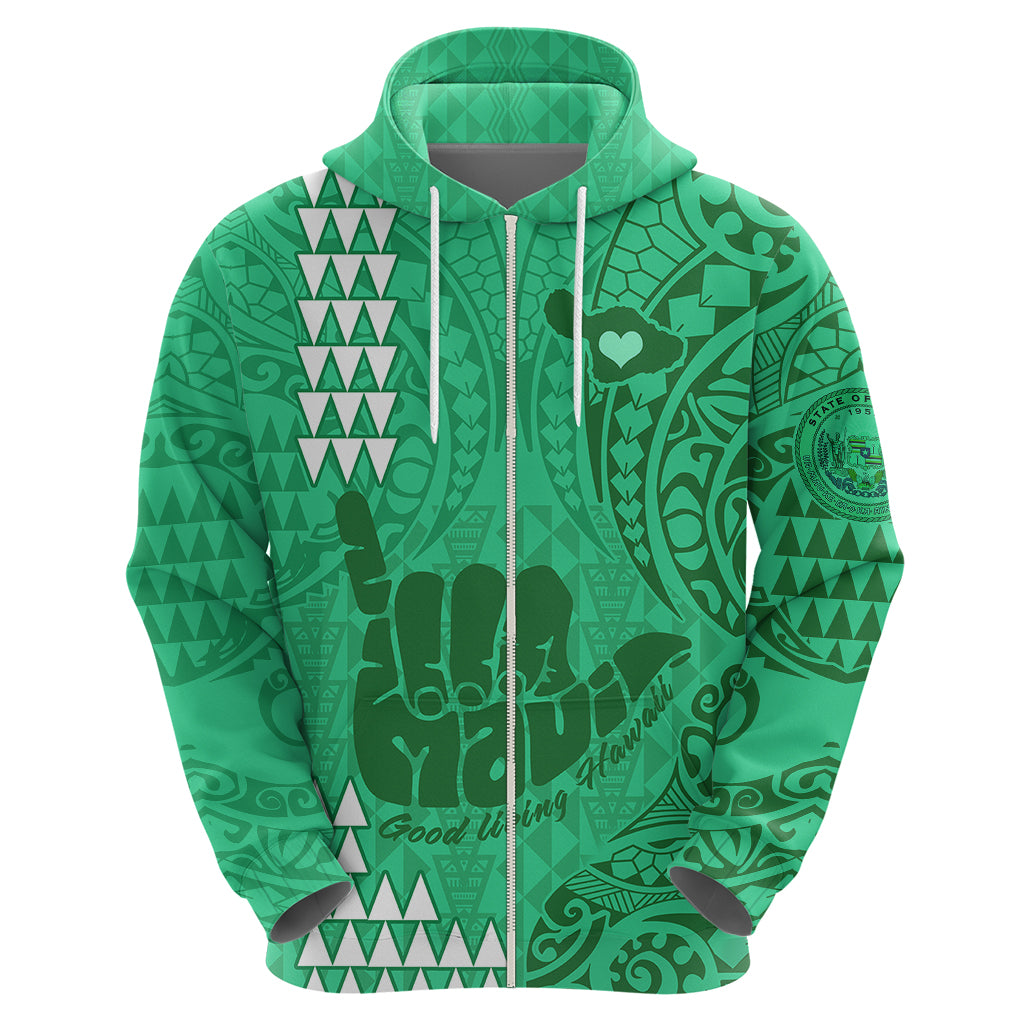 Personalised Strong Maui Hoodie Good Living Hawaii with Shaka Sign Kakau Tribal Green - Wonder Print Shop