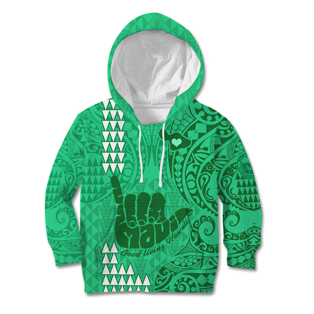 Personalised Strong Maui Kid Hoodie Good Living Hawaii with Shaka Sign Kakau Tribal Green - Wonder Print Shop