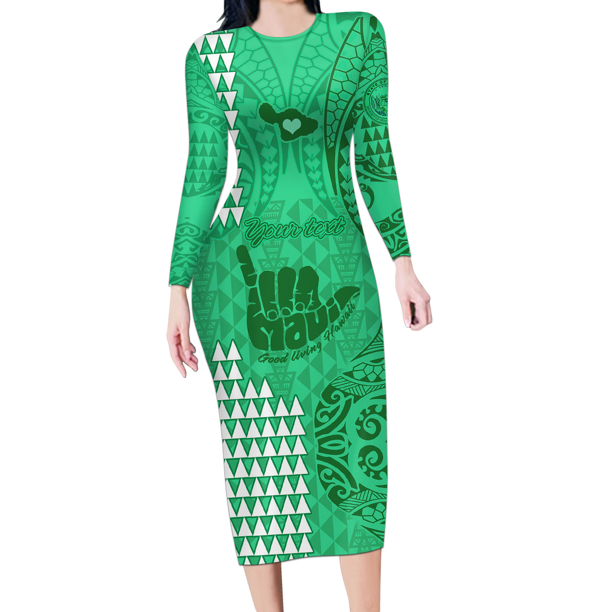 Personalised Strong Maui Long Sleeve Bodycon Dress Good Living Hawaii with Shaka Sign Kakau Tribal Green - Wonder Print Shop