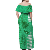 Personalised Strong Maui Off Shoulder Maxi Dress Good Living Hawaii with Shaka Sign Kakau Tribal Green - Wonder Print Shop