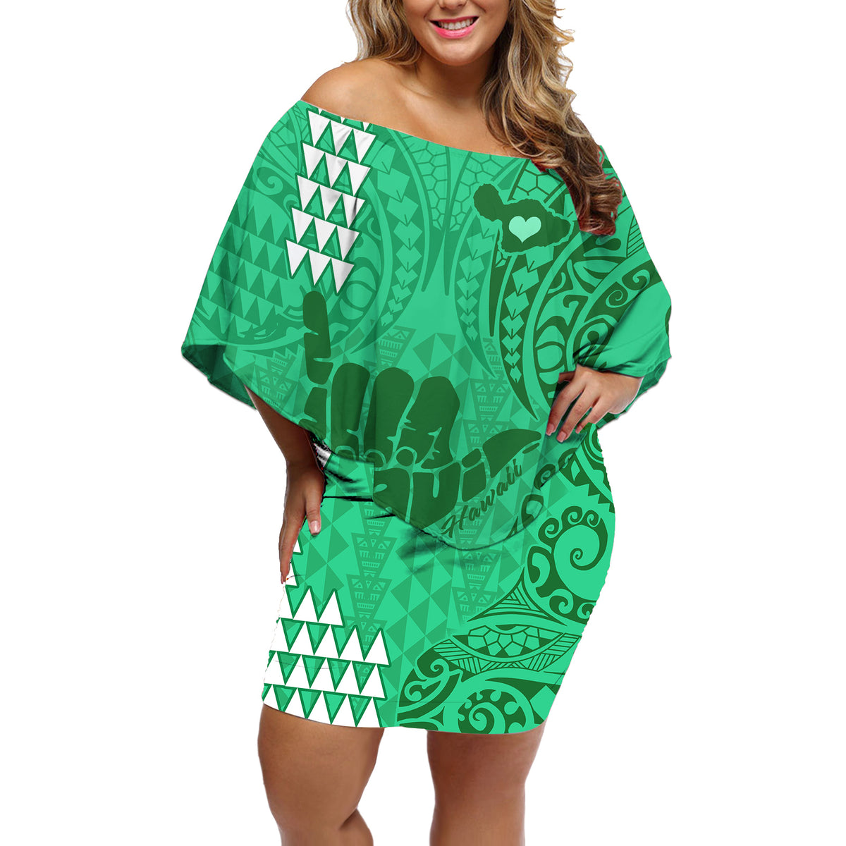 Personalised Strong Maui Off Shoulder Short Dress Good Living Hawaii with Shaka Sign Kakau Tribal Green - Wonder Print Shop