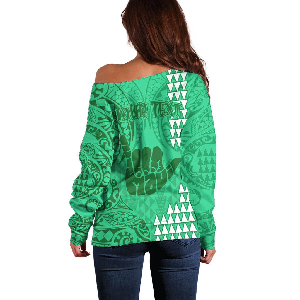 Personalised Strong Maui Off Shoulder Sweater Good Living Hawaii with Shaka Sign Kakau Tribal Green - Wonder Print Shop